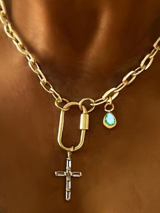 boutique jewels Jewelry - NEW! 18K Gold Plated Baguette CZ Cross Pendant & Charm Carabiner Necklace